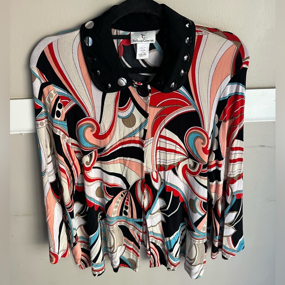 The Travel Collection Abstract Blouse with Black Collar